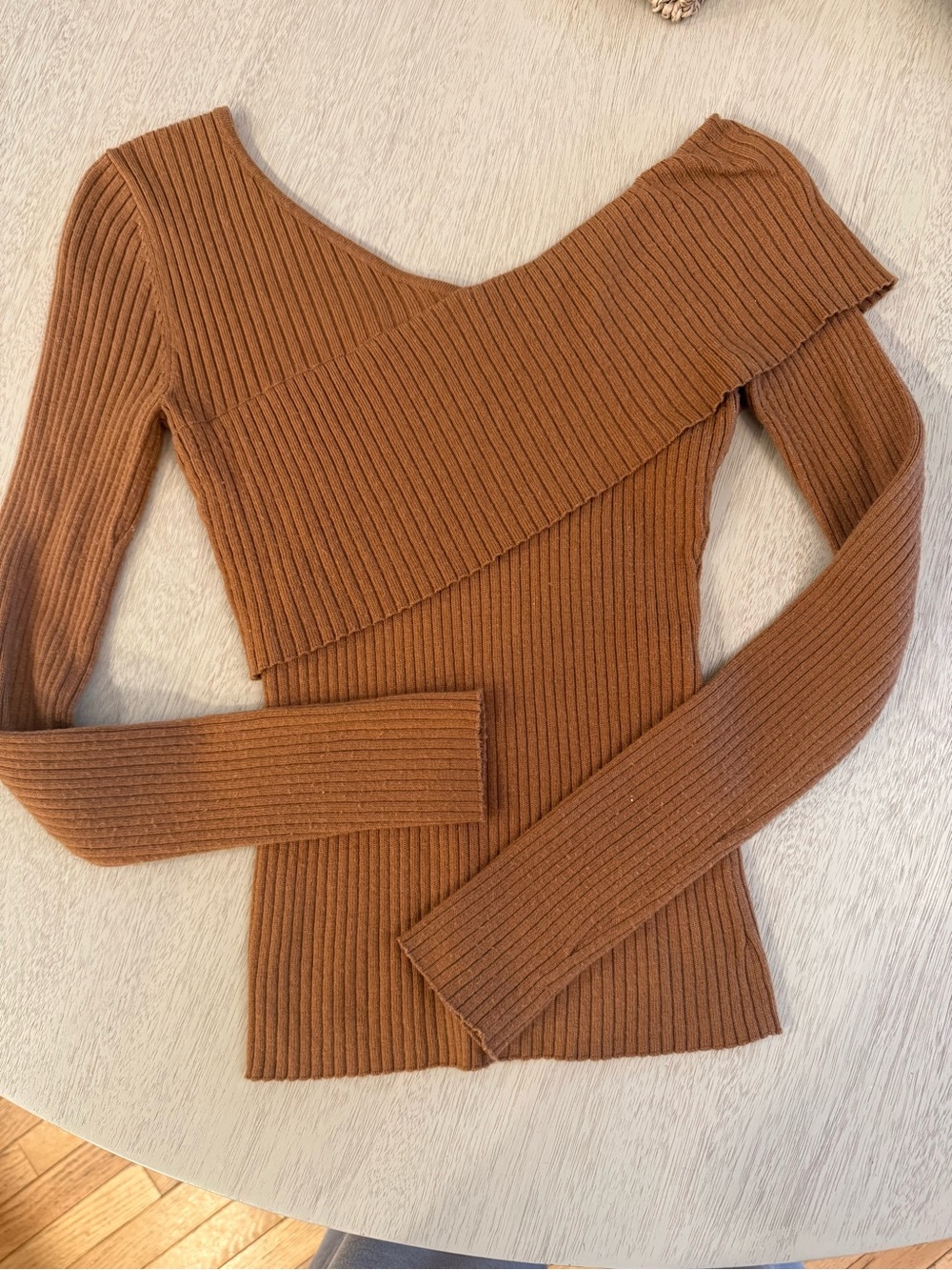 Lovers + Friends Ribbed Asymmetric Off-Shoulder Sweater in Chestnut